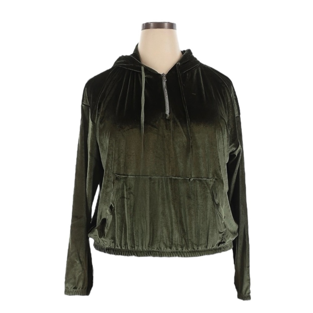 Lezat Velvet Half Zip Hoodie Sweatshirt XXL Green Elastic Hem Soft Plush NWT